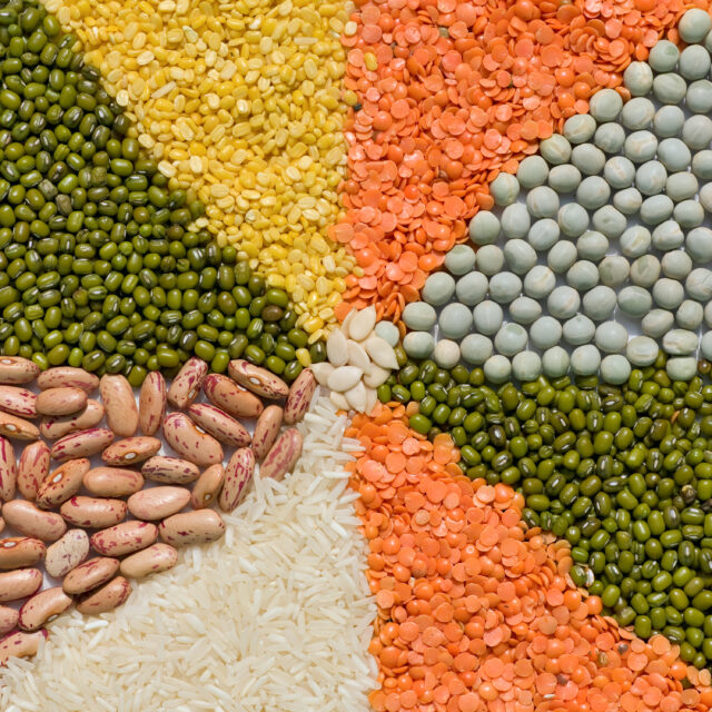 Colorful mix from different beans, legumes, peas, lentils. copy space, top view,  flat lay, square