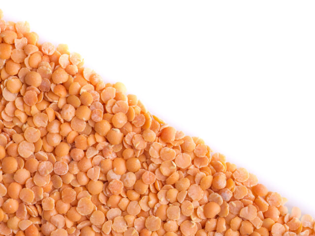 Orange lentils and white background diagonal split