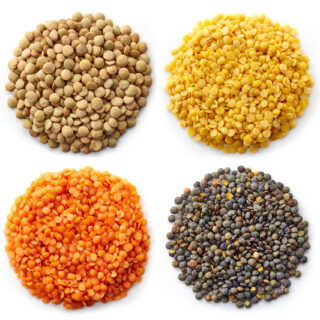 Various types of lentils (turkish lentils, green lentils, canadian lentils, indian lentils) isolated on white background